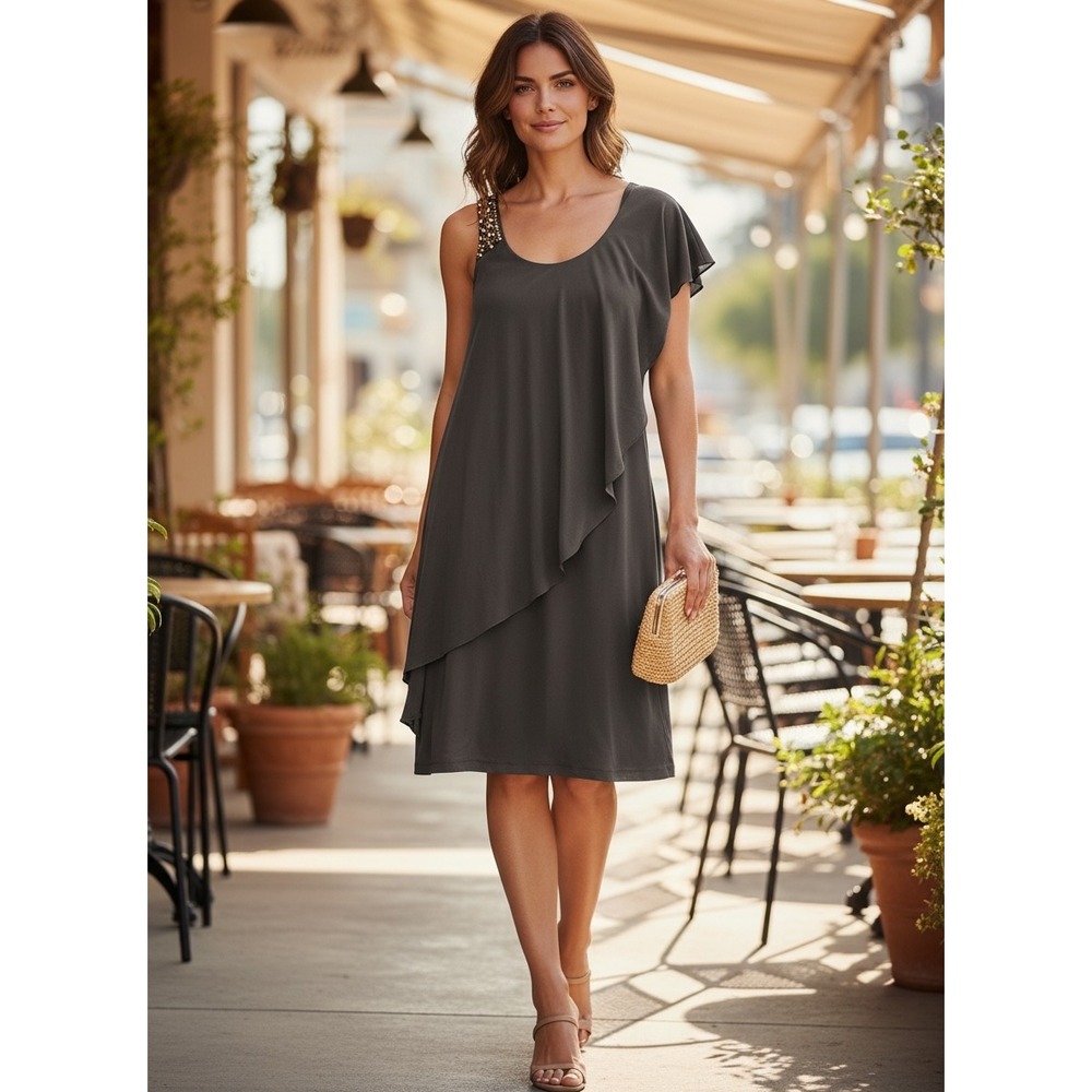 Betsy & Adam Charcoal Gray Asymmetrical Slip Dress with Beaded Shoulder